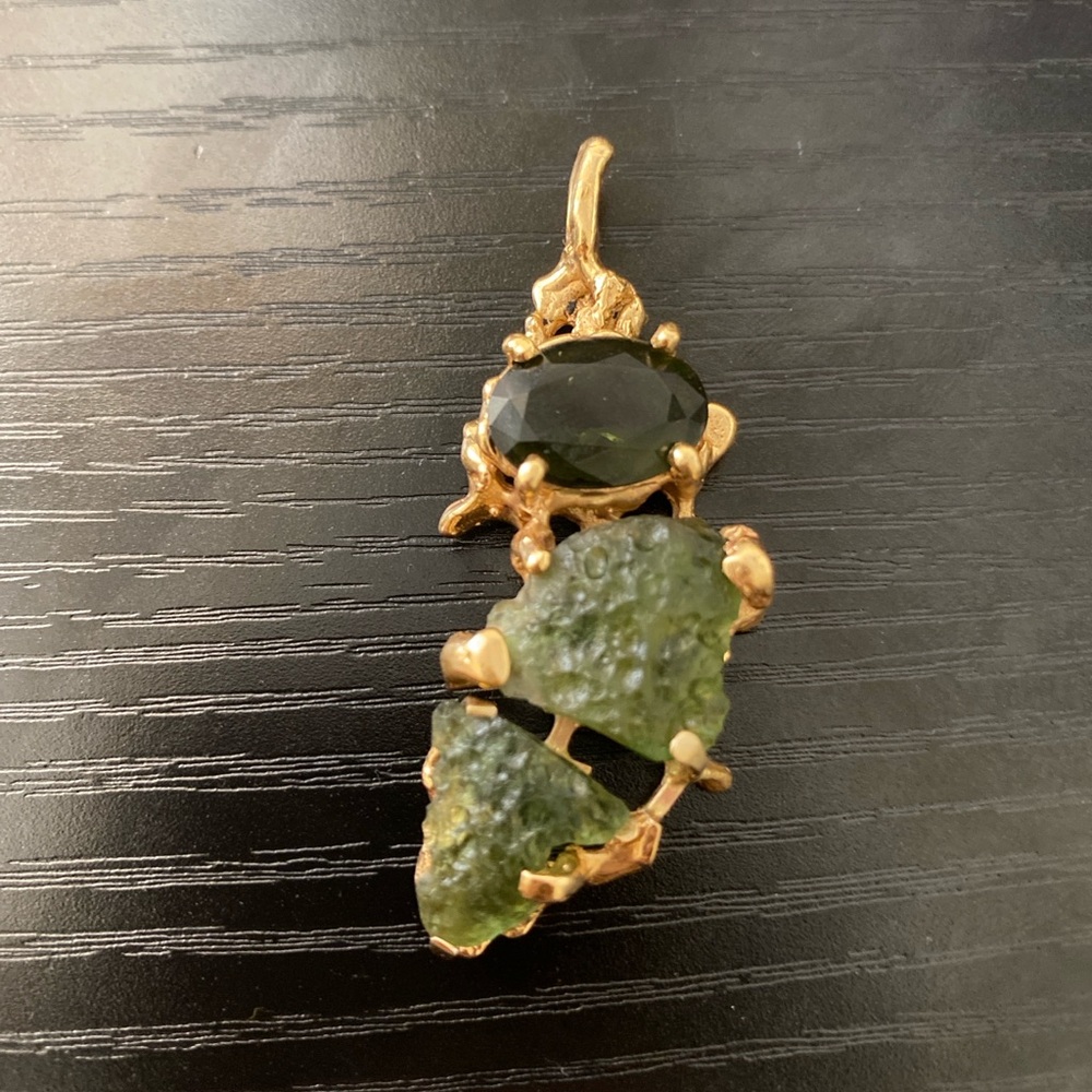 14k Solid Gold Custom Moldavite Pendant – Raw & Polished – 18g Total Weight –